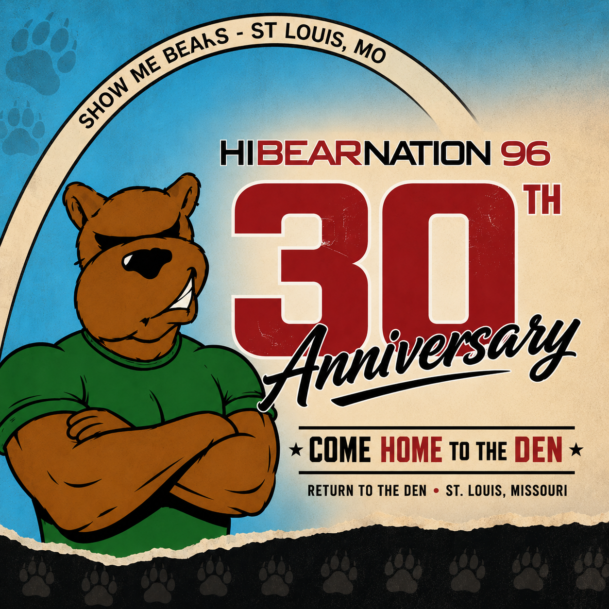 HiBearNation 30th anniversary artwork featuring the original Show Me Bears mascot and Come Home to the Den